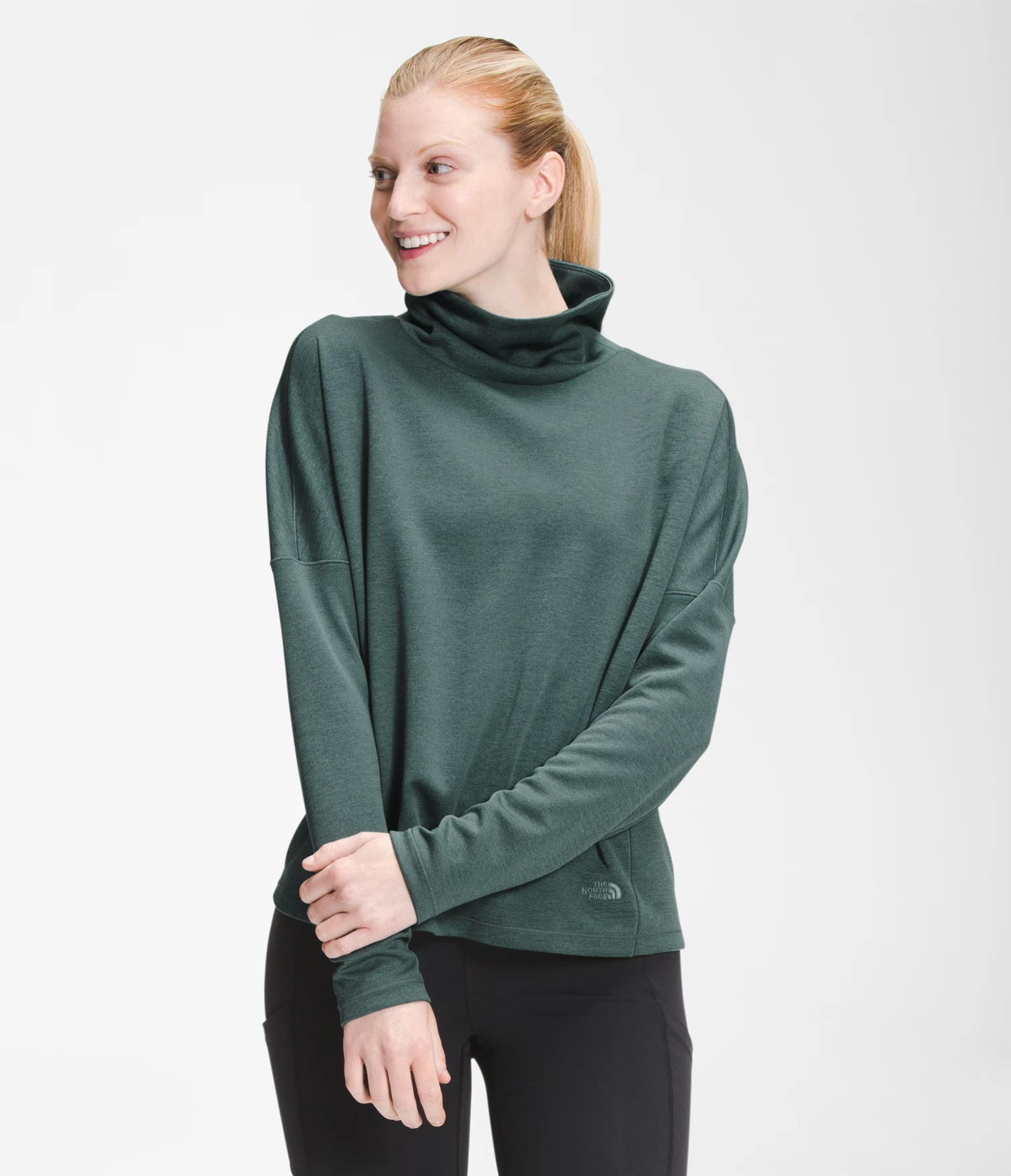 The North Face Women's EA Basin Funnel Neck Long SLeeve (HRM - Balsam Green Heather) 3 The North Face Women's EA Basin Funnel Neck Long SLeeve (HRM - Balsam Green Heather)